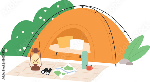 Camping tent. Nature relaxation place. Recreation vacation