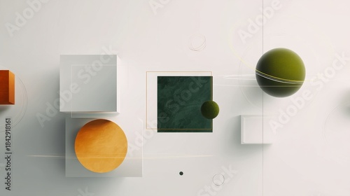 This image showcases a creative geometric arrangement with various shapes and colors, set against a minimalistic background.