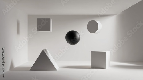 This image showcases a minimalistic arrangement of geometric shapes in a white space, featuring a black sphere and various white forms.