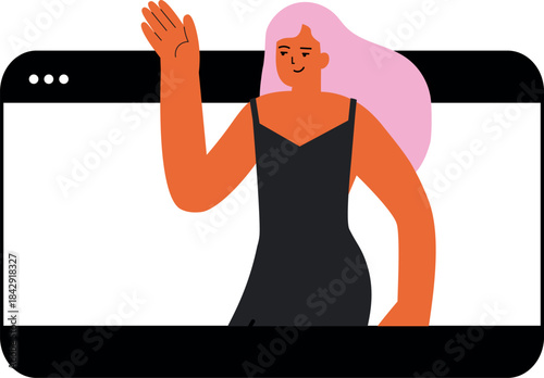 Cellphone screen with waving woman. Greeting person in app