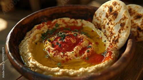 Delicious Hummus with Olive Oil and Paprika Served in a Rustic Bowl with Pita Bread.