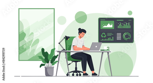 Focused professional working on a laptop in modern home office with minimalist design elements and