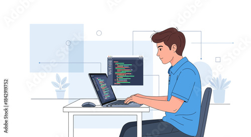 Focused programmer coding software at desk with laptop and digital interfaces showing complex code