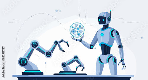 Future automation showcases advanced robotic arms and humanoid, designed for precise scientific