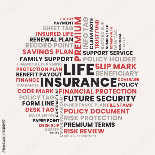 Life insurance word cloud design, life insurance financial protection and future security concept in round layout