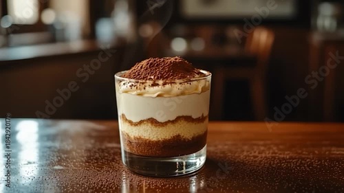 Delicious Tiramisu Dessert in a Glass on a Wooden Table.