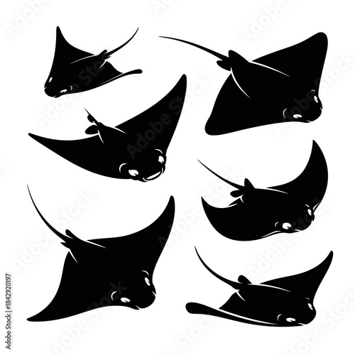 Stingray vector silhouette featuring smooth aquatic shape, elegant marine contours, minimal flat design style, and bold graphic form ideal for ocean-themed illustrations, logos, educational materials,