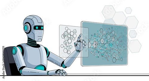 Futuristic automation: A robotic assistant interacts with complex data visualizations on a
