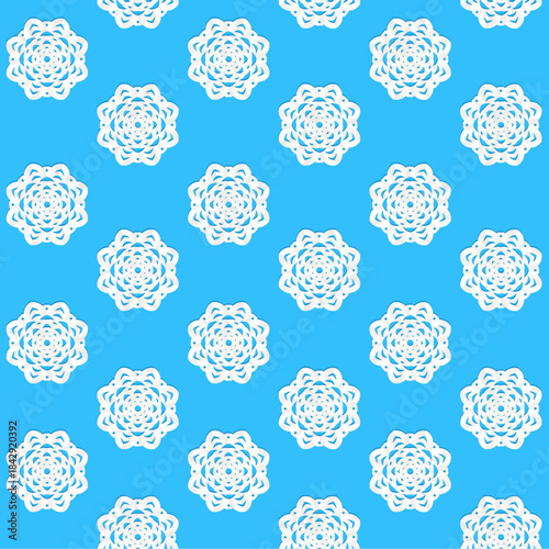 Seamless winter pattern from white applique snowflake on blue background