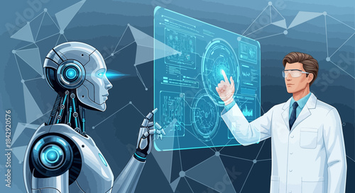 Futuristic collaboration between scientist and robot on innovative data analysis project using