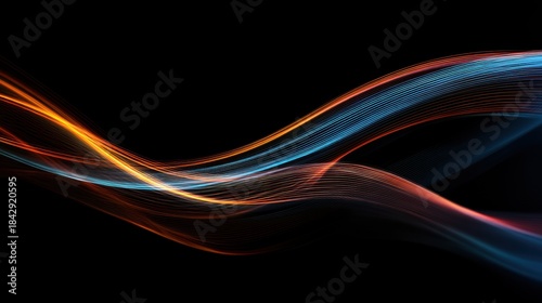 This image features beautiful, flowing light waves in vibrant orange and blue colors against a black background, creating a dynamic and creative composition.