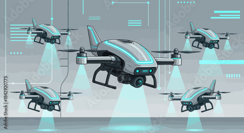 Futuristic drone fleet illustration showcasing autonomous surveillance technology and aerial