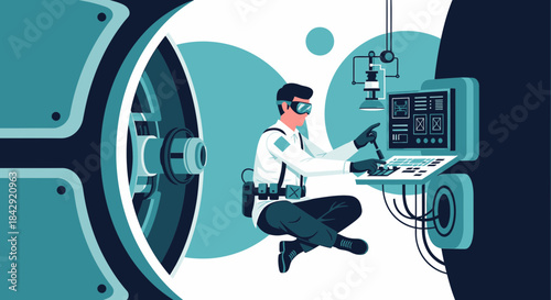 Futuristic engineer configuring machinery systems with advanced interface and technology integration