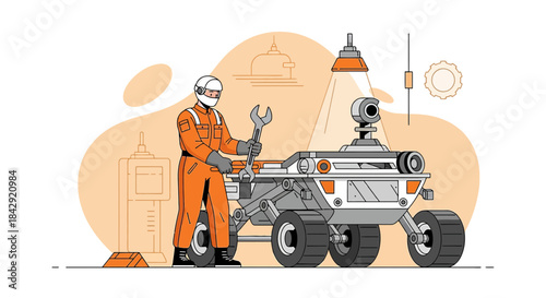 Futuristic exploration vehicle repair, engineering astronaut fixing rover for space expedition