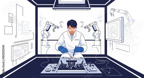 Futuristic healthcare: A surgeon performs delicate robotic assisted procedure in a controlled