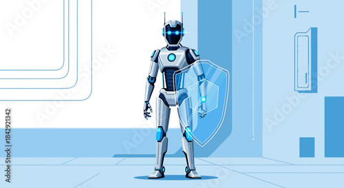 Futuristic guardian robot safeguarding digital space with transparent shield technology