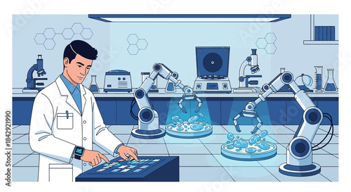 Futuristic laboratory scene depicting a scientist controlling robotic arms performing medical