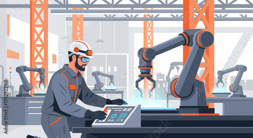 Futuristic manufacturing plant featuring automated robotic arms controlled by a skilled engineer