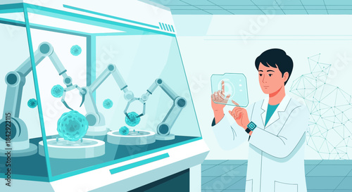 Futuristic Medical Research: Scientist Manipulating Cells with Advanced Technology and Robotics