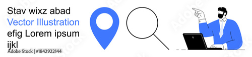 Free Download Navigation tools, online search, digital mapping, geolocation, problem-solving, data analysis. Man pointing with laptop alongside location pin and magnifying glass. Navigation and search concepts - GFXLoad