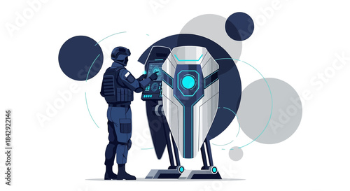 Futuristic military personnel interacting with advanced shield technology interface and design