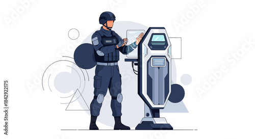 Futuristic officer using advanced technology terminal for security protocols analysis