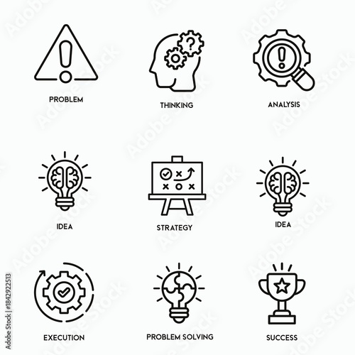 “Minimal solution banner web icon set representing ideas, direction, support, and digital problem-solving.”