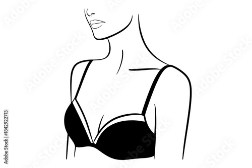 Stylized illustration of a woman wearing a dark bra with thin straps, showcasing elegant fashion lines, soft contours, modern minimalist aesthetics, and refined artistic design suitable for creative p