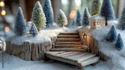 A beautifully crafted winter landscape featuring snow-covered trees, a wooden bridge, and a cozy cabin. A serene atmosphere is created with subtle lights in the background.