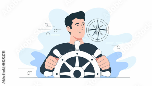 man steering a ship's wheel with a compass vector illustration, leadership, guidance, and strategic direction
