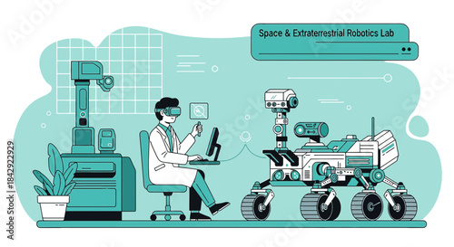 Futuristic robotics lab simulation featuring virtual reality control of a rover machine