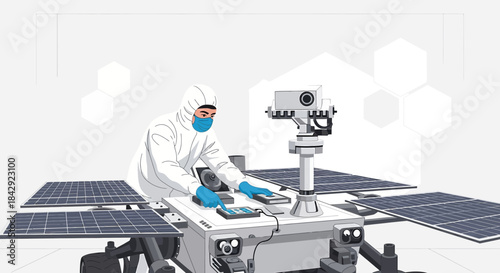 Futuristic scene depicting an astronaut operating a rover equipped with solar panels in a sterile
