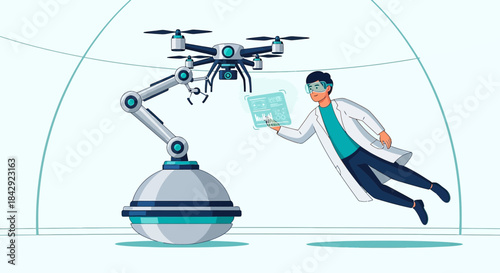 Futuristic science lab with robot arm drone and scientist working on augmented reality display