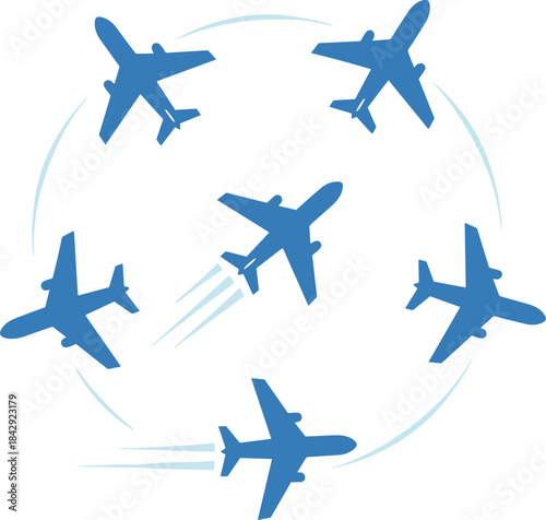 Minimal blue airplane silhouettes arranged in a circular formation representing aviation travel, flight routes, air traffic patterns, and modern transportation concepts for design projects.