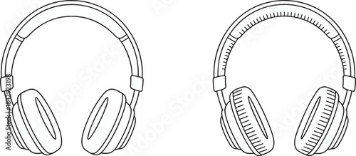 Detailed line-art illustrations of over-ear headphones showcasing modern audio design, ideal for music graphics, sound-related branding, technology concepts, and stylish entertainment artwork.