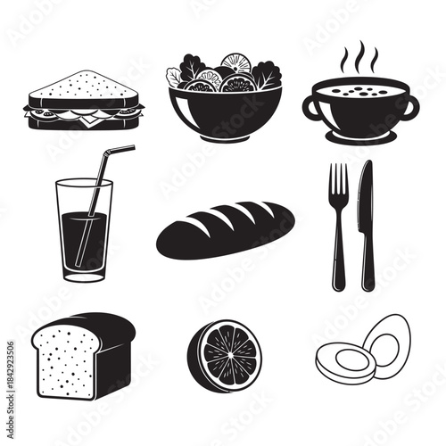 Hand drawn food collection including sandwiches salads bread drinks and citrus