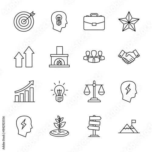 Hand drawn business icons set including target growth strategy and success concepts