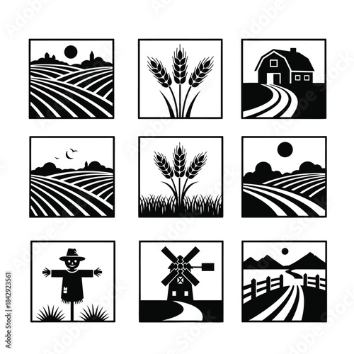 Black and white linocut style illustrations of rural landscapes and agricultural elements