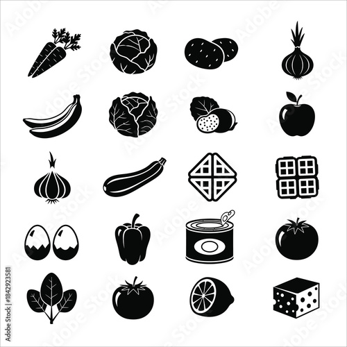 Black and white illustration of various fruits and vegetables in a simple graphic style