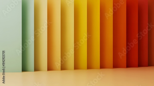 A vibrant gradient of colorful paper sheets arranged vertically in a studio setting creating a beautiful spectrum of warm and cool tones