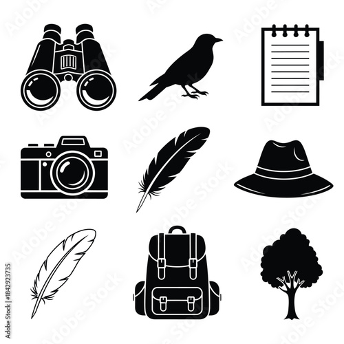 Collection of travel and exploration icons including binoculars bird and backpack