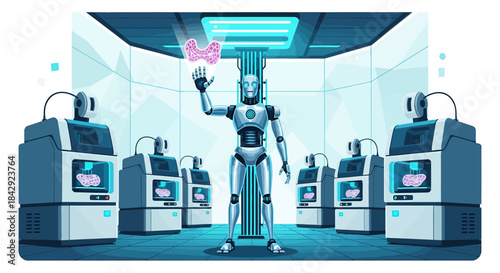 Futuristic Thyroid Engineering Facility with Robot Overseeing Organ Bio-Printing Process