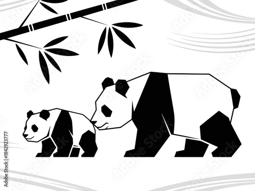 Stylized illustration of two pandas walking beneath bamboo branches, featuring gentle nature themes, playful wildlife expression, soft artistic contours, and charming character design ideal for creati