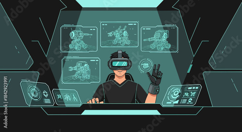 Futuristic virtual reality designer engineering robots in a digital world cockpit illustration