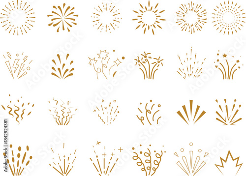 Minimal fireworks icon set in flat and line style, festive explosion symbol featuring celebration burst graphics and decorative spark effect monochrome and gold outline vector illustration pack