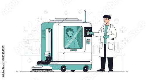 Illustration depicting a medical professional operating a futuristic cleaning robot technology