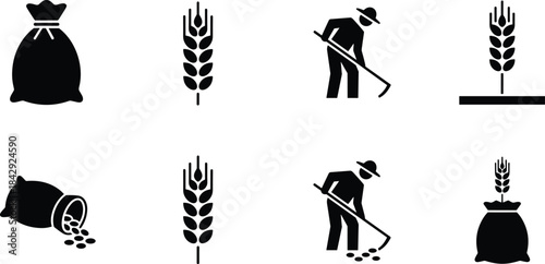 Agricultural Process Icons Depicting Grain Farming Stages from Seed Storage to Planting, Cultivation, and Harvesting in Silhouette Style