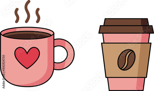 Stylized Coffee Mug and Takeaway Cup with Heart and Bean Icons for Café Branding, Beverage Design, and Lifestyle Projects