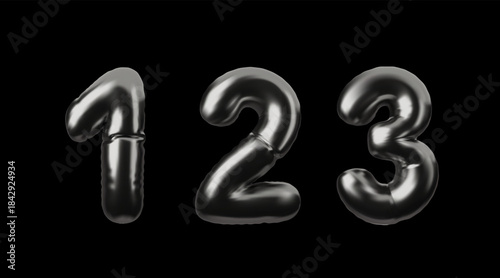 3d set of numbers 1,2,3 in the style of balloon with silver coating