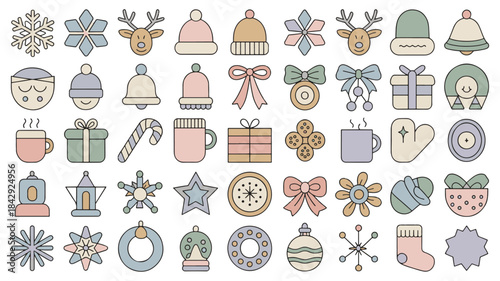 Boho Christmas Icon Set: Minimalist Winter Holiday Symbols Collection in Pastel Lineal Color Style.